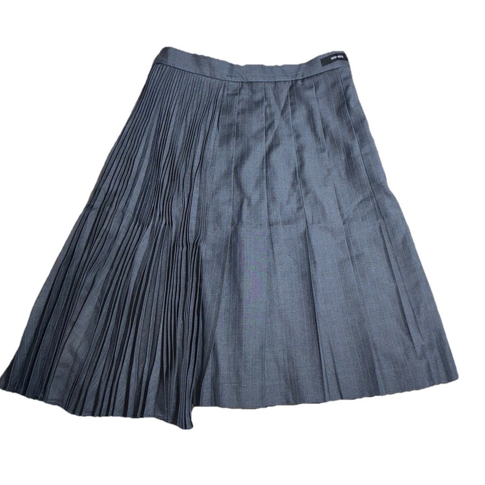 WE-AR4 Asymmetric Pleated Skirt S Gray Virgin Wool Blue Pinstripes USA NEW - Picture 4 of 11